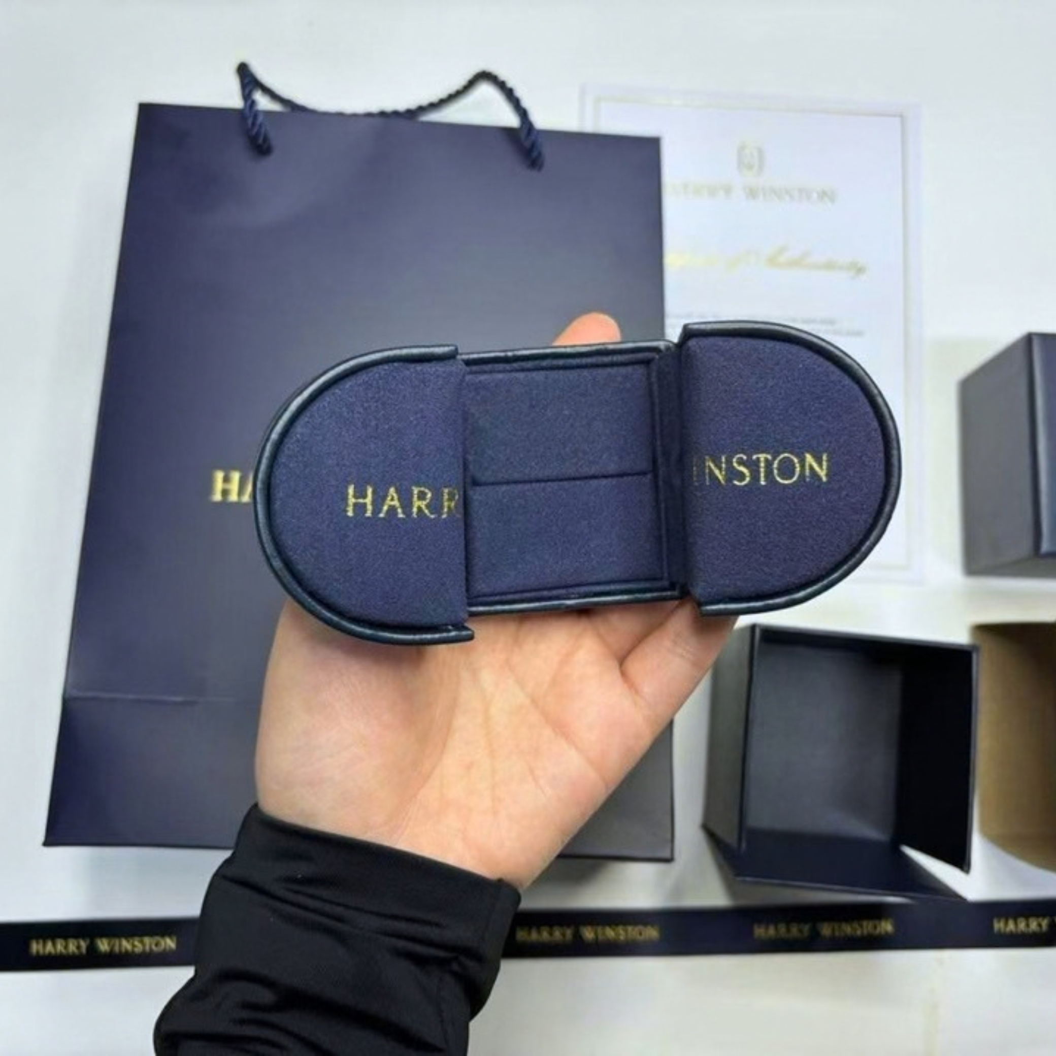 Harry Winston Genuine Ring case Jewelry Navy Leather empty case Gift Box