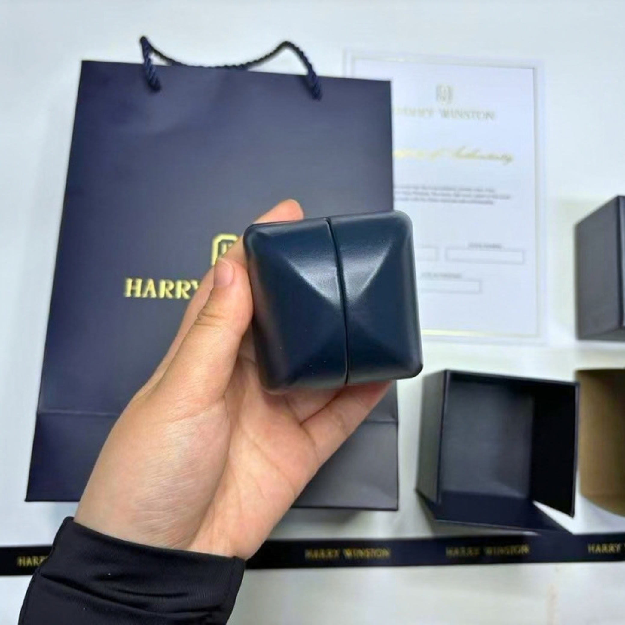 Harry Winston Genuine Ring case Jewelry Navy Leather empty case Gift Box